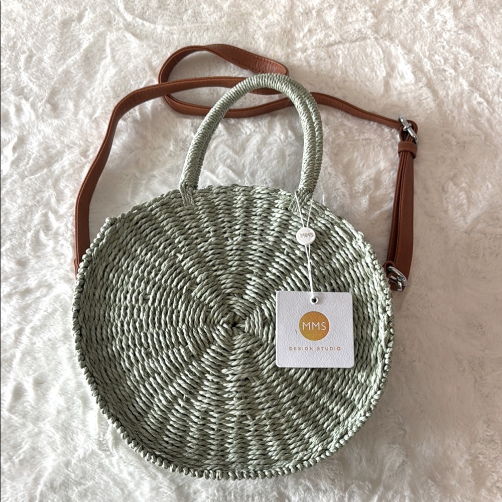 MMS Design Studio Sage Green Straw Round Crossbody Purse- 11” Diameter